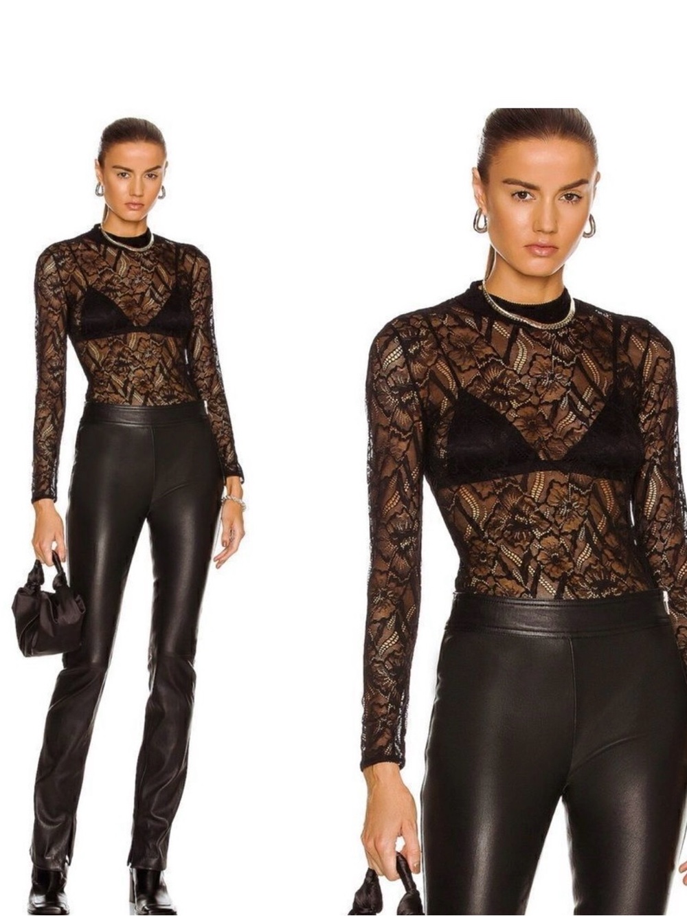 Jonathan Simkhai Black Sheer Lace Long-Sleeve Bodysuit